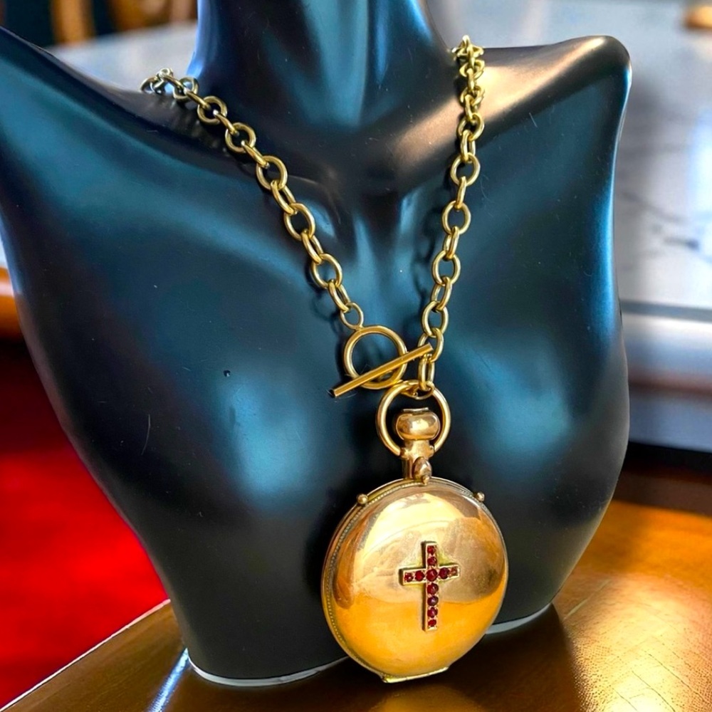ONE OF A KIND Antique 14k Gold Watch Case Pendant Ruby Cross Toggle Necklace!!